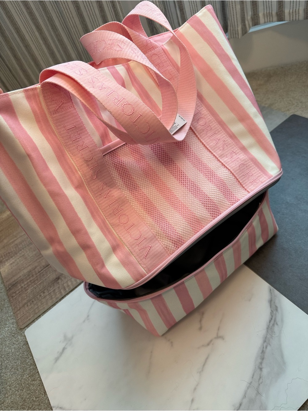 Victoria's Secret Pink and White Striped Canvas Cooler/ Tote w/ Embossed Handles